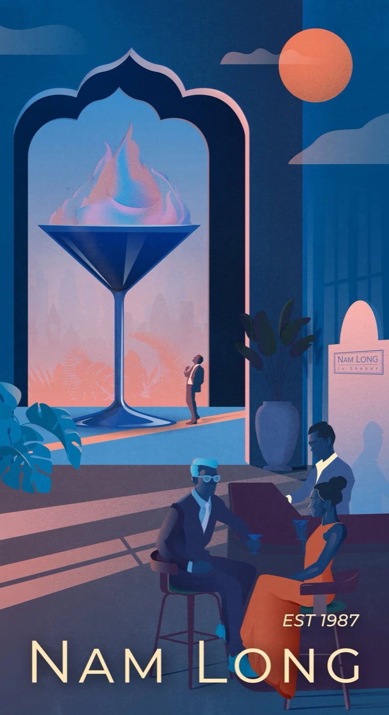Art deco Nam Long poster of a flaming cocktail beneath an arch